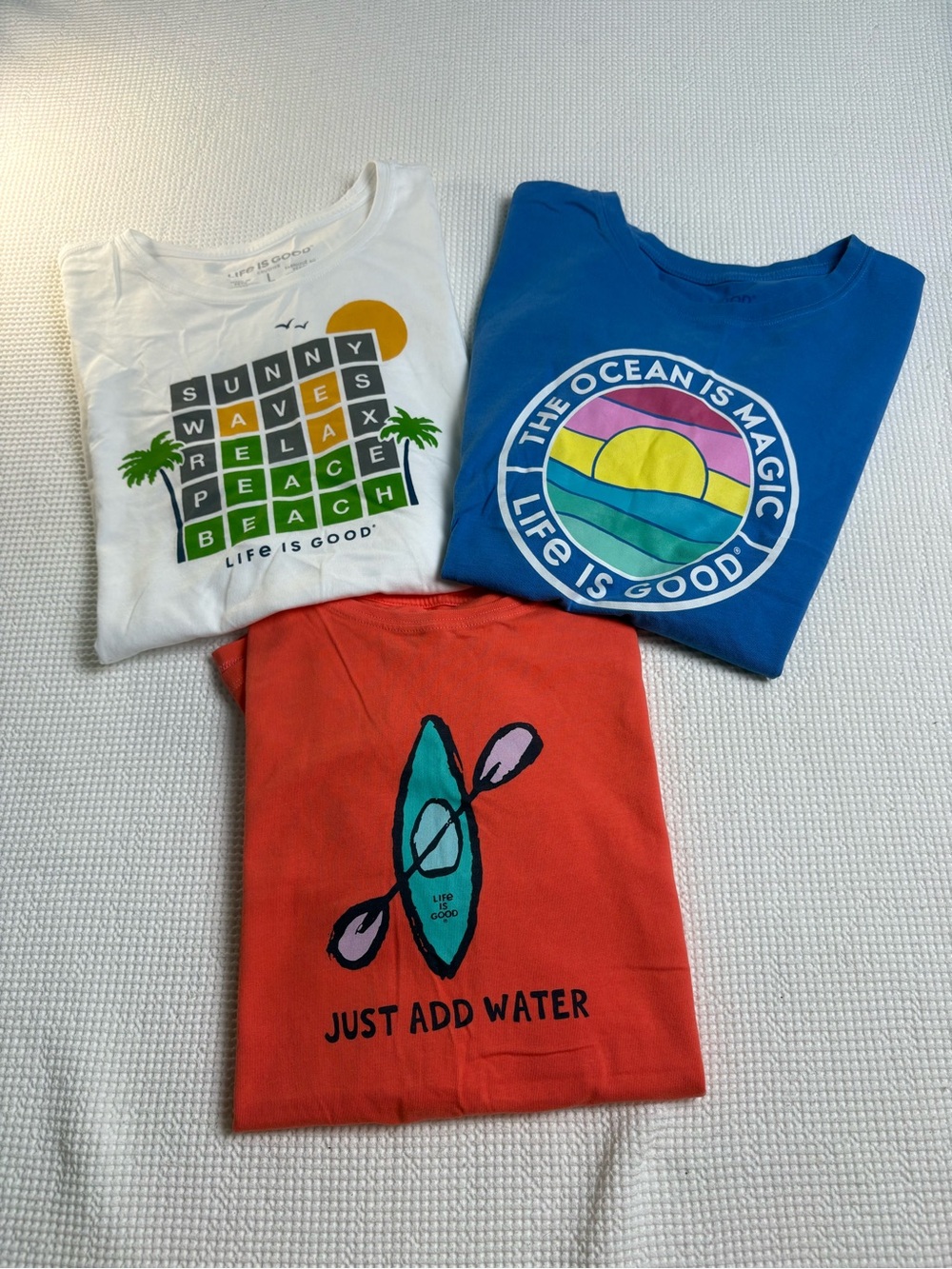 Life Is Good Womens Short-Sleeve Graphic Tees — White, Blue & Coral Set